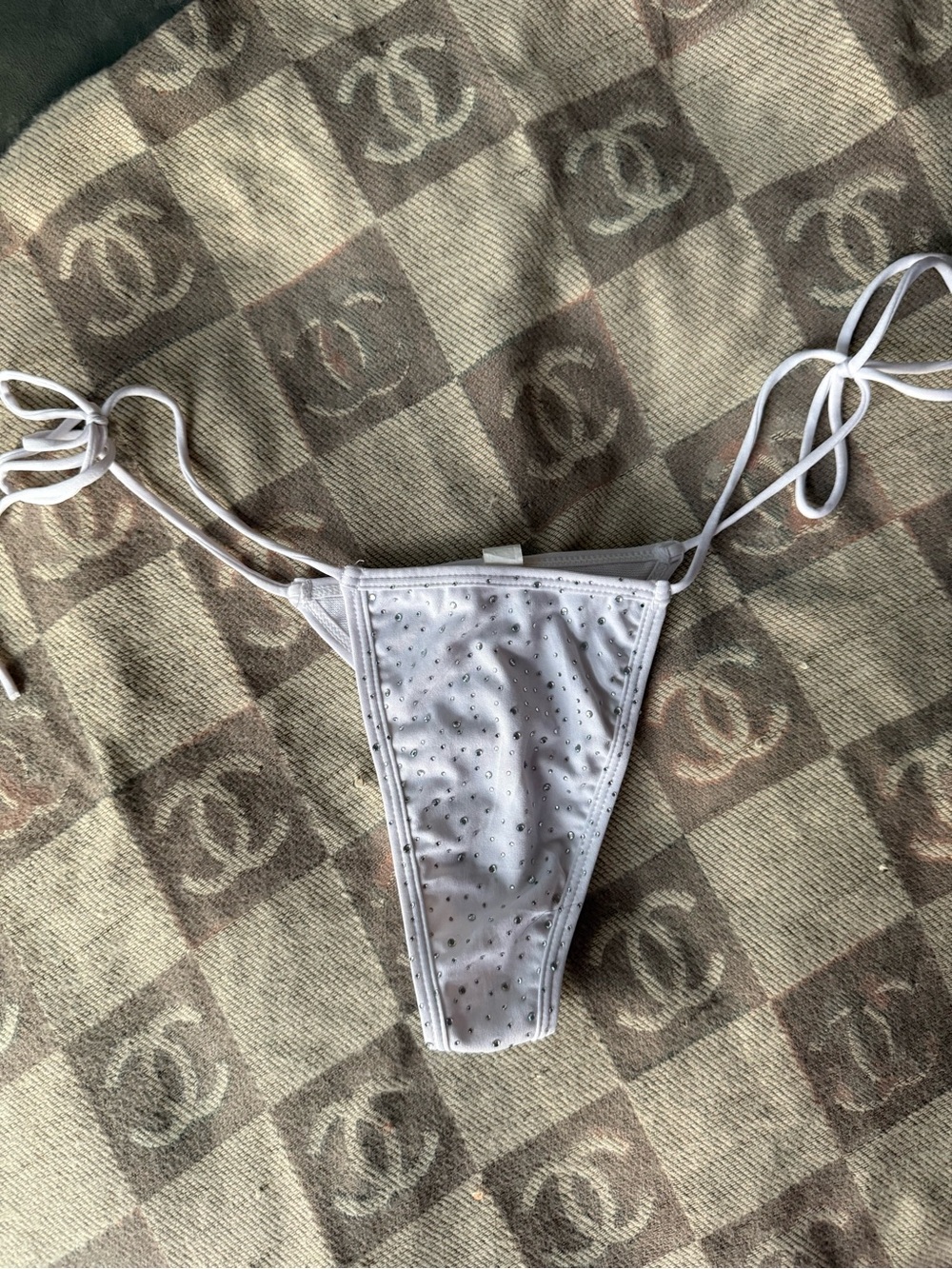 White Rhinestone Tie Side Bikini Bottoms Thong Cheeky